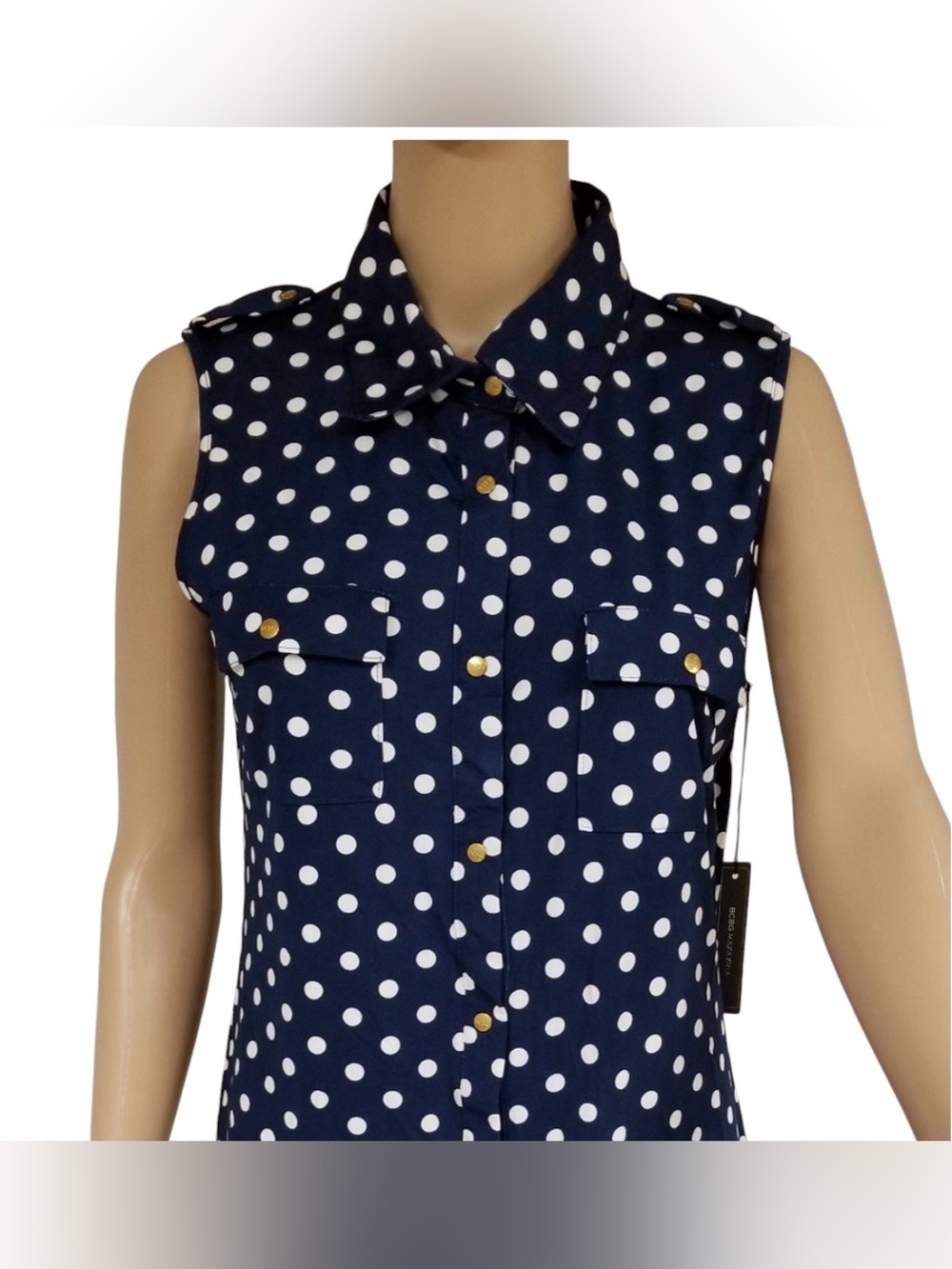 BCBGMAXAZRIA Navy Polka Dot Sleeveless Blouse Top Large